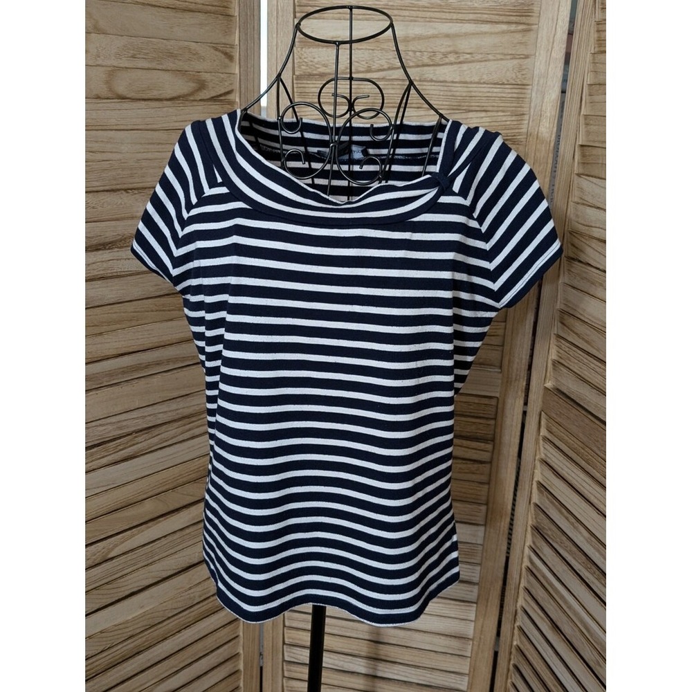 Norton McNaughton Navy Blue Multicolor Fancy Stripe Short Sleeve Sweater - L